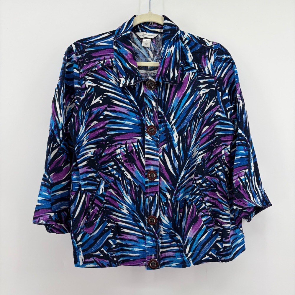 Christopher & Banks Jacket Blue Purple Medium Linen Blend Tropical Palm